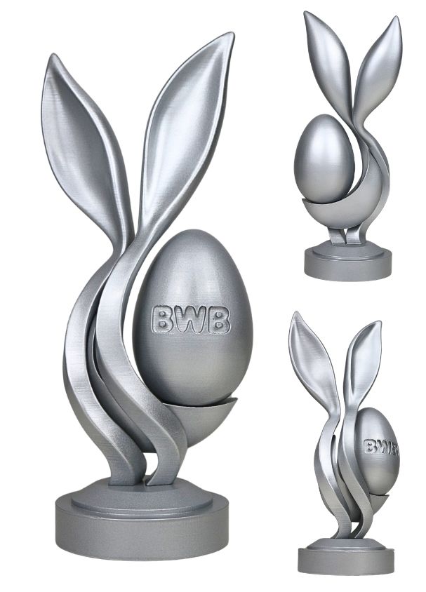 Escultura de Páscoa Silver Bunny com Ovo Escultural em Base Circular