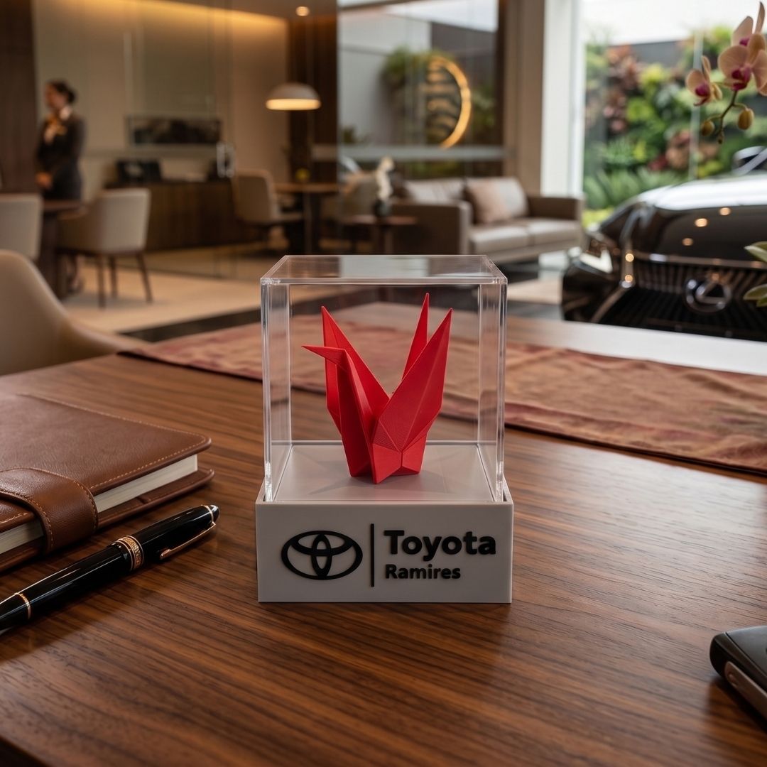 Miniatura de Tsuru Geométrico em Cúpula de Acrílico e Base Personalizada