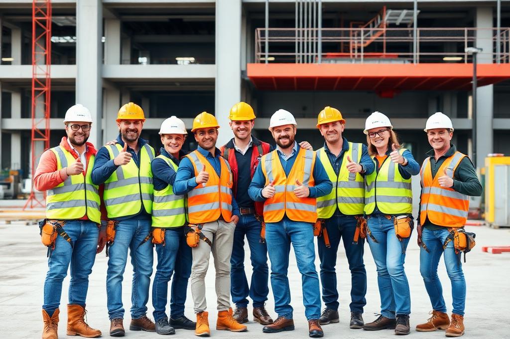 Equipe de construção civil com EPIs completos, sorrindo e fazendo sinal de positivo